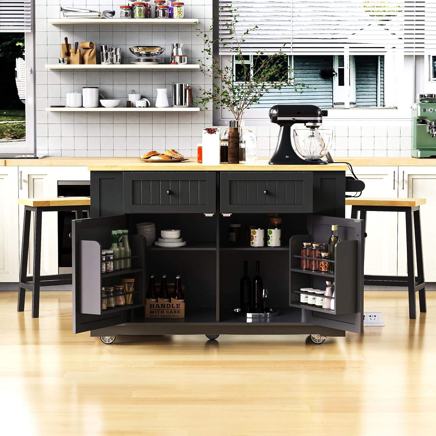 48 inch Rolling Kitchen Island Storage Cart on 5 Wheels with Drop Leaf, 2 Bar Stools, Power Outlet, Door Internal Storage Rack, 5 Open Side Racks, 2 Drawers for Dining Room, Home Bar Black
