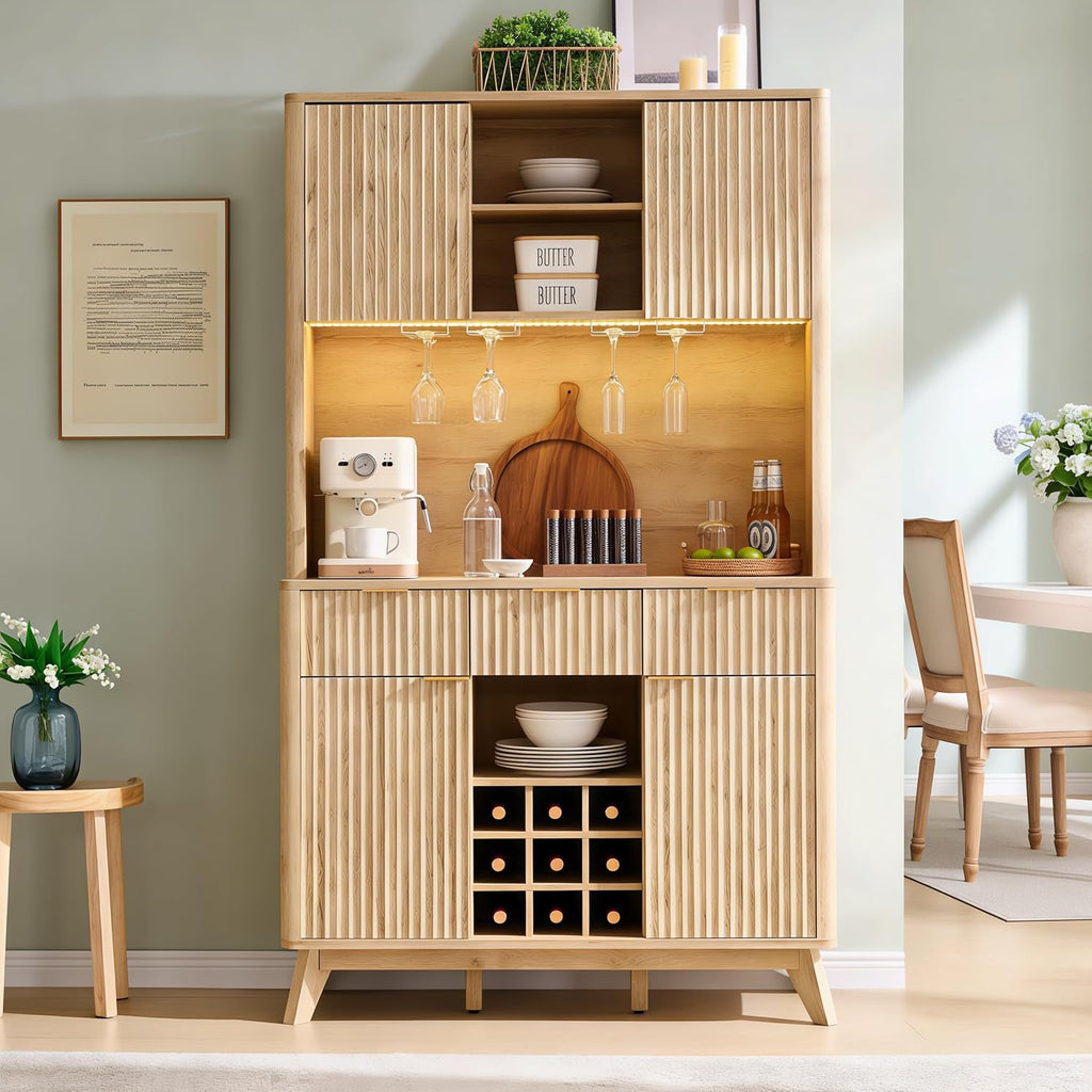 OKD 72' Tall Fluted Coffee Bar Cabinet with Ample Storage, Modern Buffet Sideboard with Glass Holder/Wine Rack/Led Lights/Charging Station, Wine Cabinet for Kitchen, Dining Room, Home Bar, Natural Oak