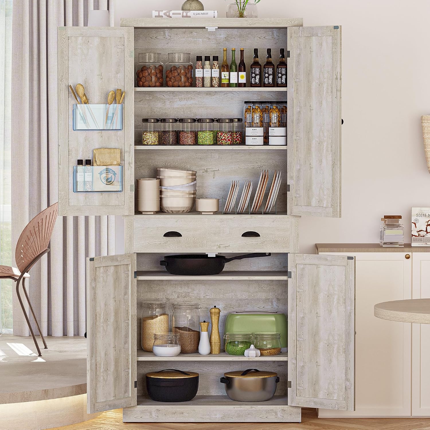 IRONCK Kitchen Pantry Storage Cabinet 72.6' H, with Barn Doors, Drawer, 4 Adjustable Shelves, Freestanding Cupboard for Dining Room Living Room, Laundry, Rustic Maple