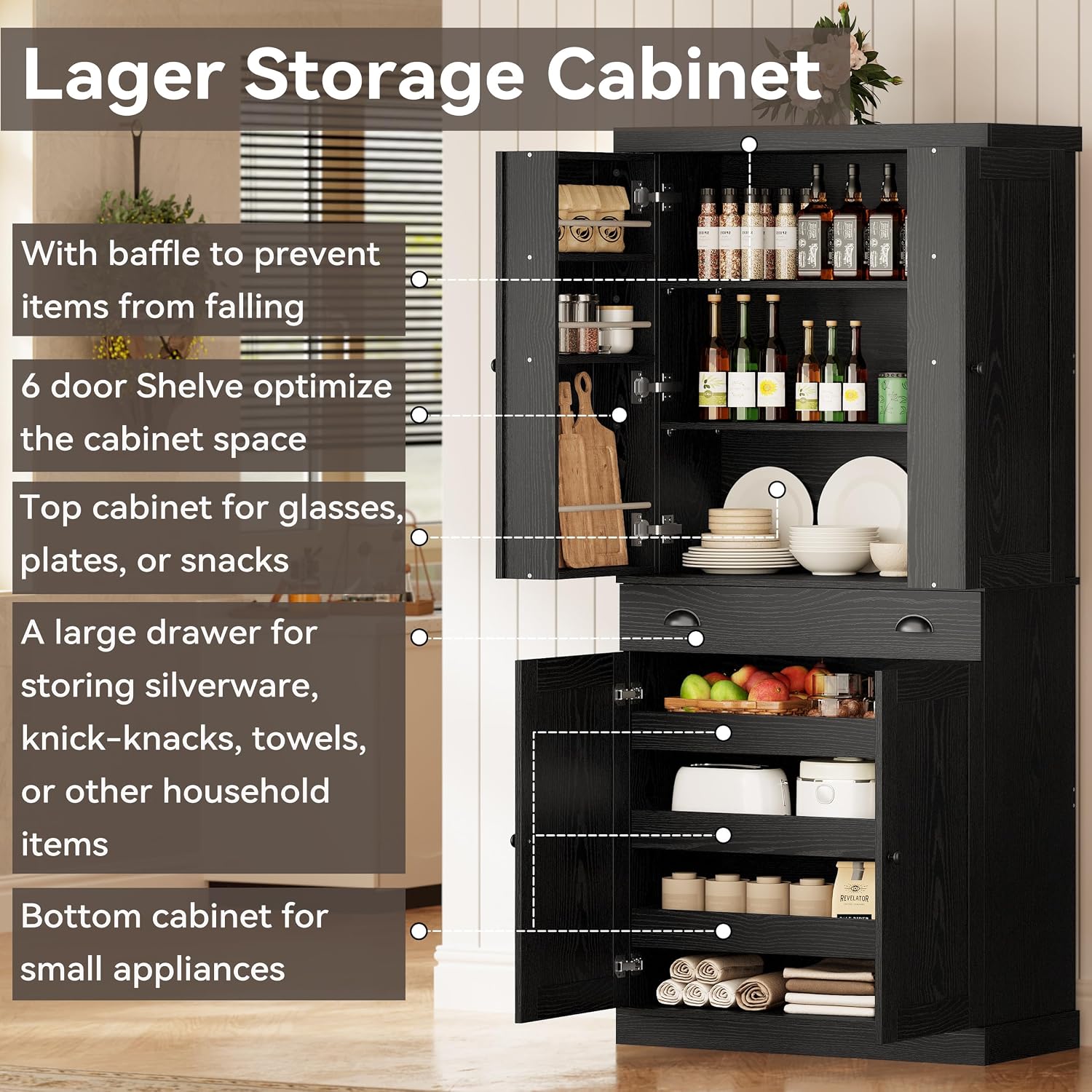 IRONCK Kitchen Pantry Cabinet 72' Height, Freestanding Cupboard with Drawer, Sliding Storage Rack, and 6 Hanging Shelves for Dining Room, Laundry, Living Room, Black