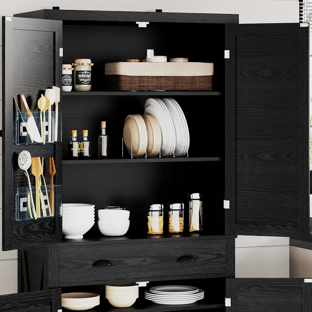 IRONCK Kitchen Pantry Storage Cabinet 72.6' H, with Barn Doors, Drawer, 4 Adjustable Shelves, Freestanding Cupboard for Dining Room Living Room, Laundry, Black