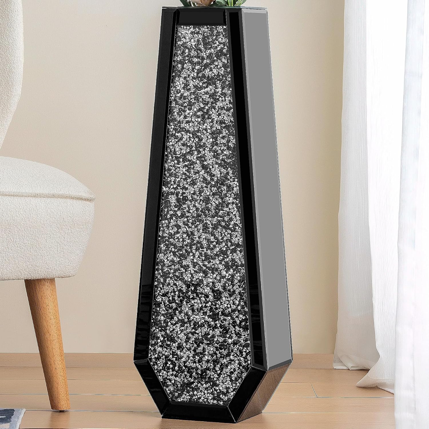 SHYFOY 30' Tall Floor Vase Black Crushed Diamond Tall Vases for Decor Living Room Floor Large Crystal Glass Decorative Floor Vase for Living Room Office Home Decor