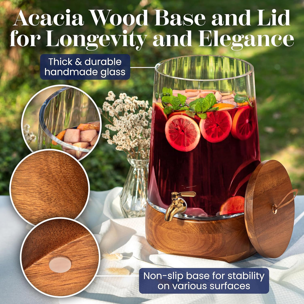 FOODLE Extra Large Glass Drink Dispenser with Spigot - Glass Beverage Dispenser with Stand - Perfect for Parties & Catering - Pitcher for Lemonade, Water, Sangria & Juice - Leakproof Spout - 3 Gallon