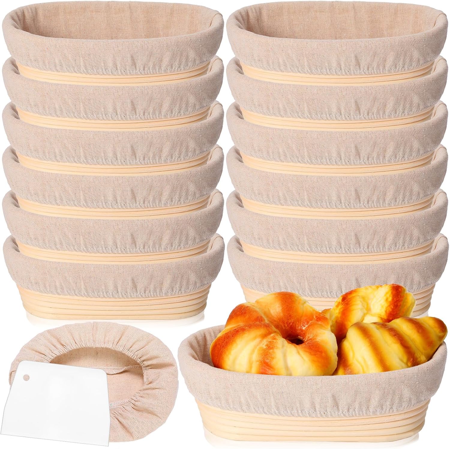 Gejoy 30 Set Bread Proofing Baskets 10 Inch Oval Shaped Banneton Dough Proofing Bowls Kit with Cloth Liner and Plastic Scraper Sourdough Basket for Home Sourdough Bakers Supplies