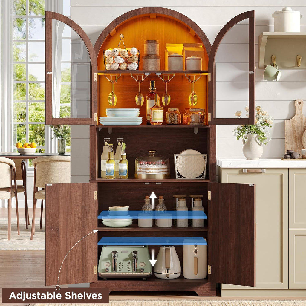 Maupvit 70' Tall Arched Wine Bar Cabinet with LED Light, Fluted Coffee Bar Cabinets with Stemware Rack, Kitchen Pantry Cupboard with Glass Doors, Liquor Cabinet for Home, Dining Room (Walnut)