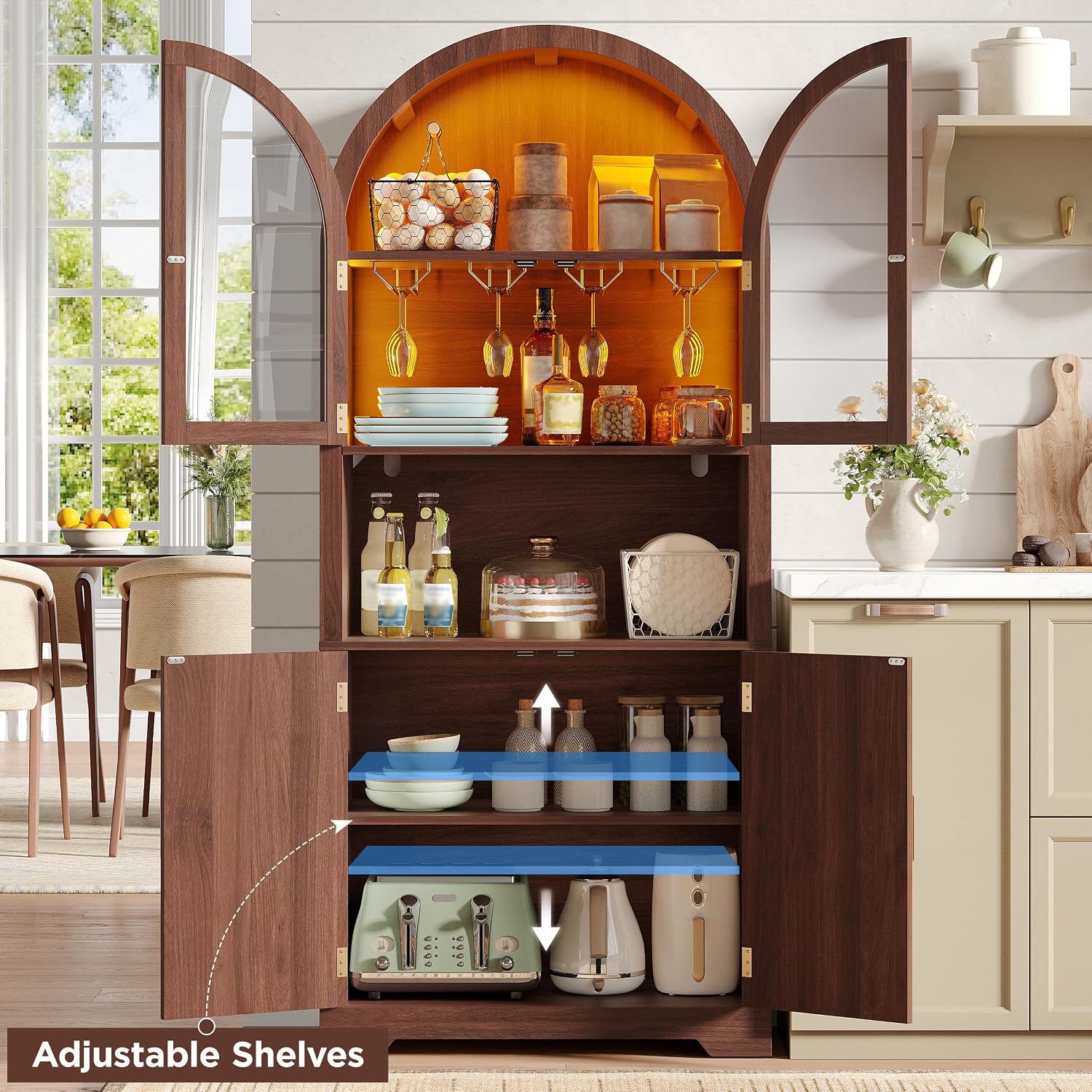 Maupvit 70' Tall Arched Wine Bar Cabinet with LED Light, Fluted Coffee Bar Cabinets with Stemware Rack, Kitchen Pantry Cupboard with Glass Doors, Liquor Cabinet for Home, Dining Room (Walnut)