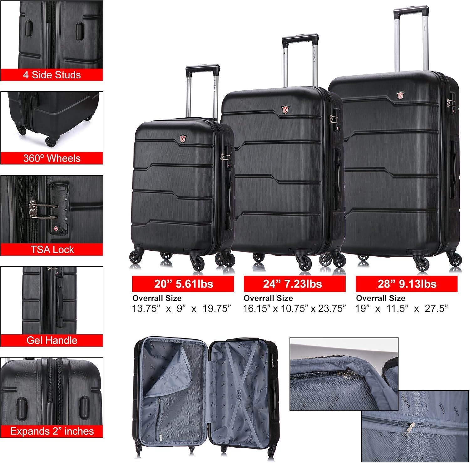 DUKAP RODEZ Hardside Luggage Set with Ergonomic Handles and TSA Lock | Spacious Travel Suitcase with Four Spinner Wheels and Studs | (20/24/28) 3 Piece Luggage Set | Black