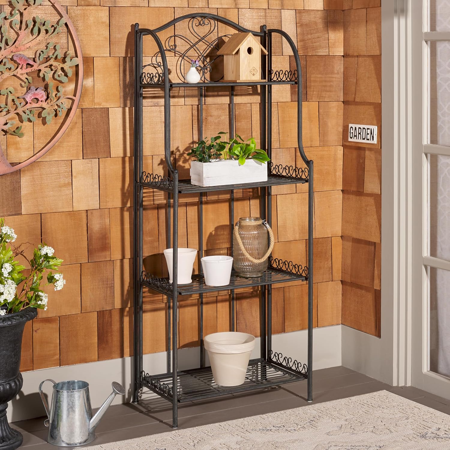 SAFAVIEH Outdoor - Amaris 4-Tier Bakers Rack - Black Iron Metal - Vintage Victorian Scrollwork - Ideal for Patio, Deck, Porch, Sunroom, 14.5' W x 25' D x 63' H (PAT5014E)