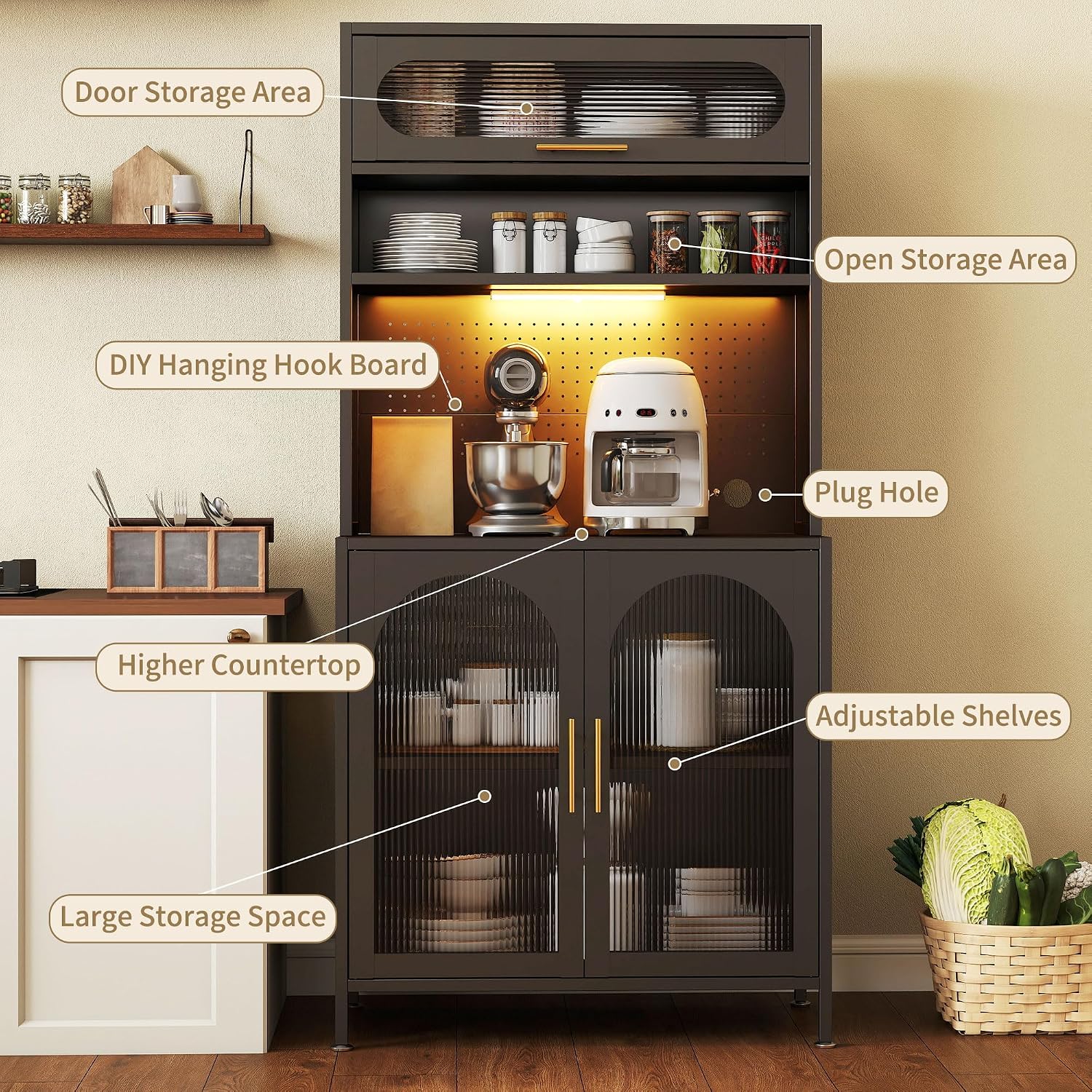BECHEAO 5 Tier Metal Kitchen Pantry Storage Cabinet with LED Sensor Light, 66' Tall Food Pantry Cabinet, DIY Pegboard, Adjustable Shelves, Microwave Stand & Coffee Bar with Storage for Kitchen, Black