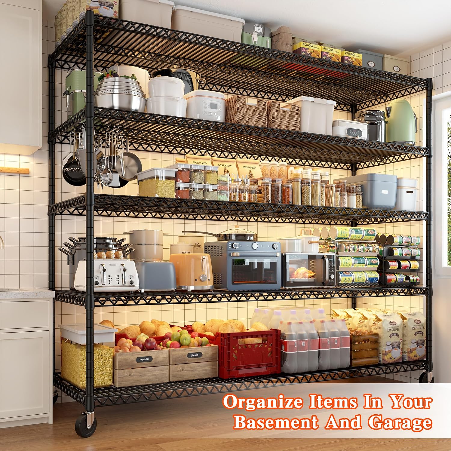 REIBII 3200LBS Storage Shelves Wire Shelving with Wheels,Adjustable Garage Shelving Heavy Duty Steel Metal Shelving Unit Shelf Rack for Warehouses,Garage,Kitchen,School,Commercial,73' H X 60'W X 18' D