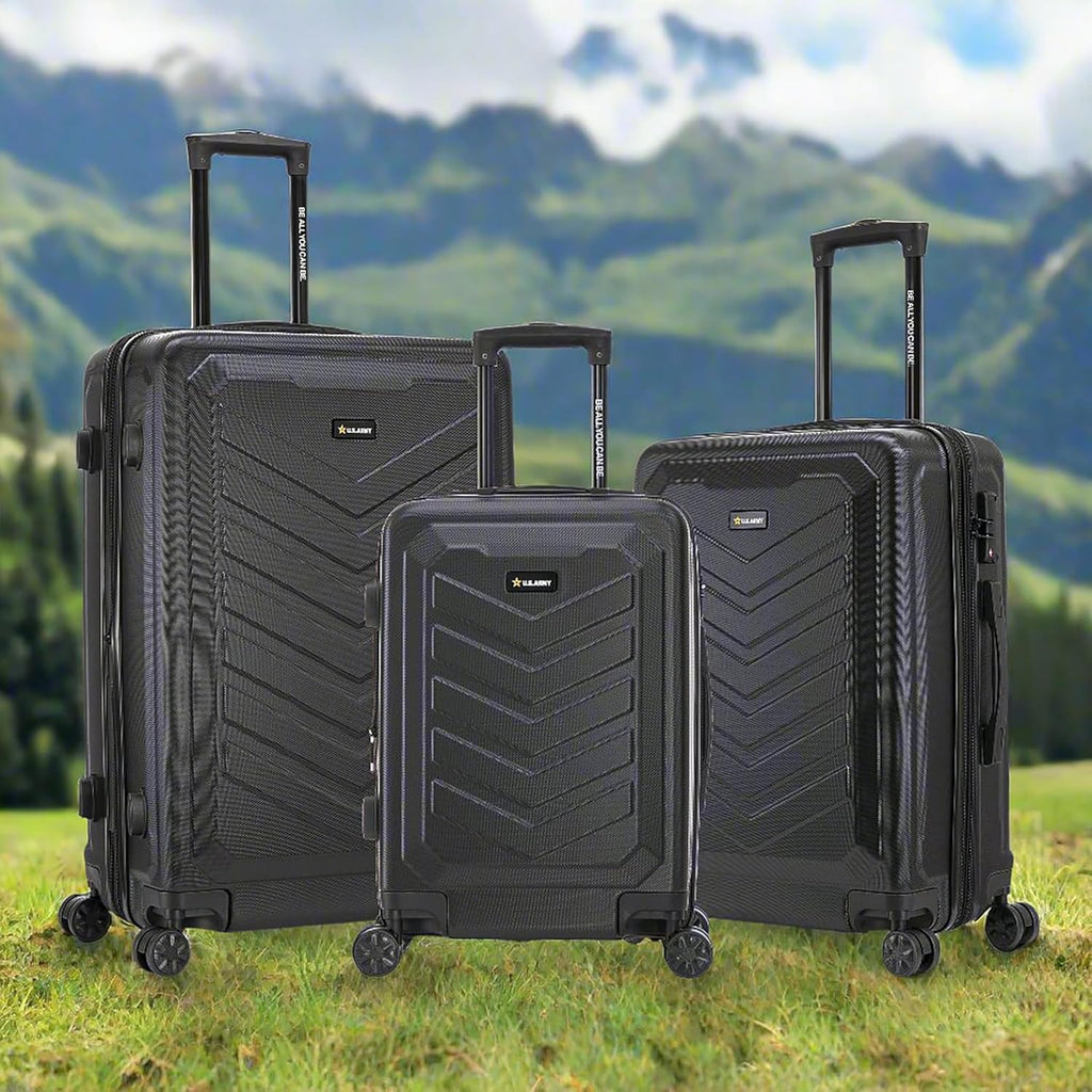 US ARMY Fox Pro 3 Pcs Set Expandable Suitcase with TSA Lock | 20, 24, 28 inch Lightweight Hardshell Luggage with Spinner Wheels, Chevron Icon, Gel Handle, Retractable Trolley, Side Studs | Black