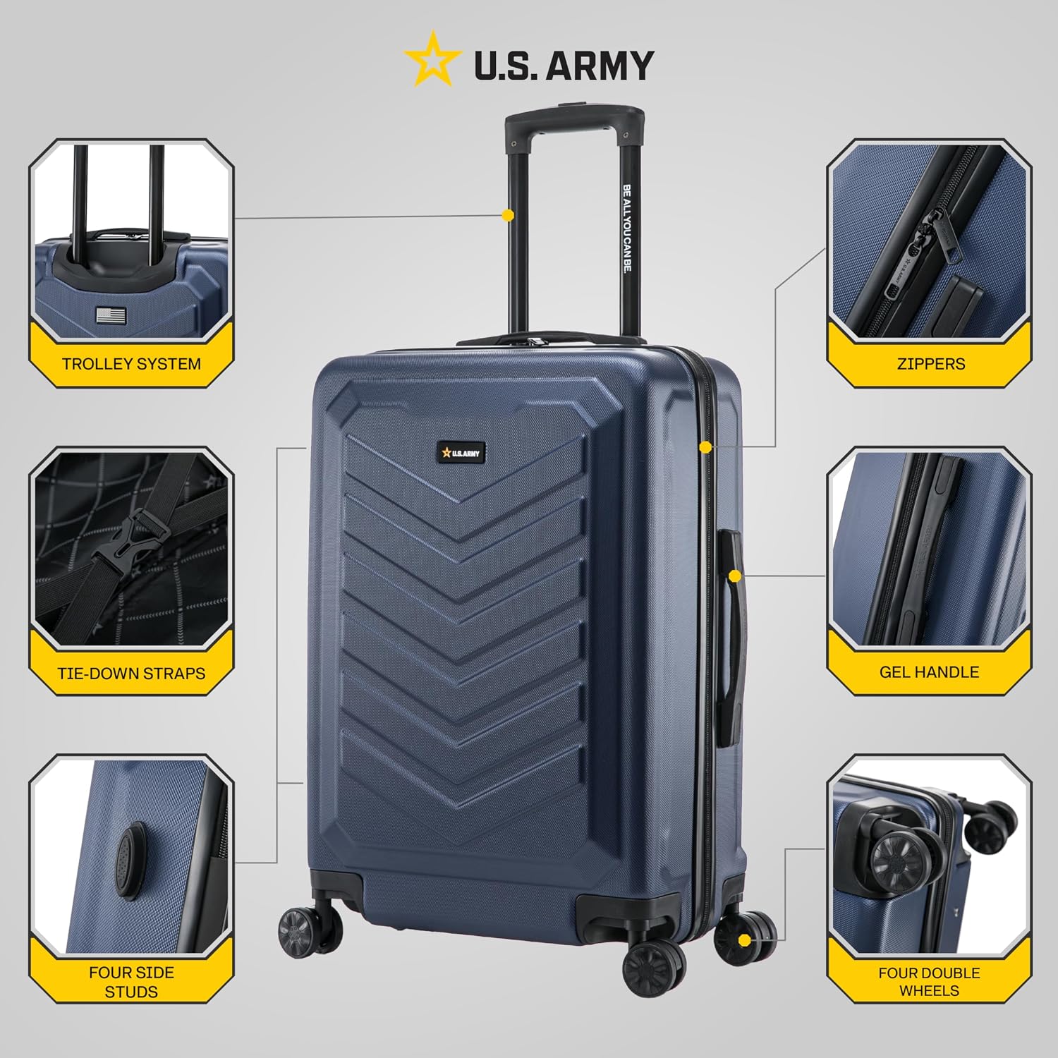 US Army Fox 24 inch Hardside Luggage with Spinner Wheels | Lightweight Medium Suitcase for Shorter Travel | Chevron Icon, Gel Handle, Side Studs, Retractable Trolley, Heavy Duty | Navy Blue