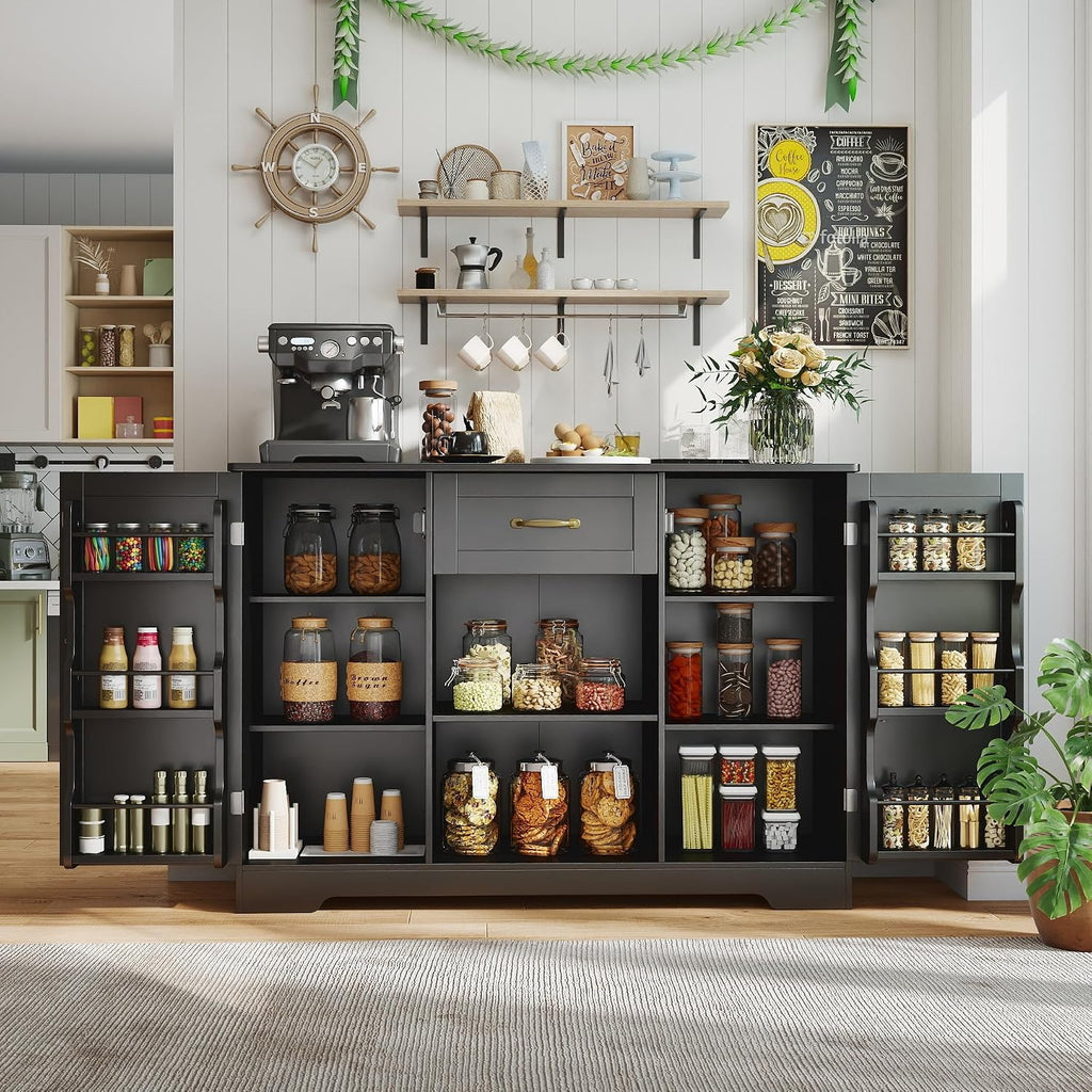 Gizoon 45' Coffee Bar Cabinet with Door and Shelves Kitchen Hutch with Countertop, Kitchen Buffer Cabinet with Storage for Bedroom and Living Room, Black