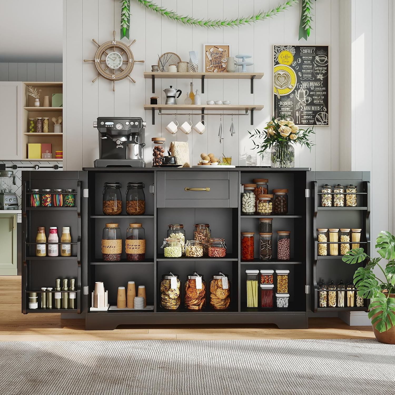 Gizoon 45' Coffee Bar Cabinet with Door and Shelves Kitchen Hutch with Countertop, Kitchen Buffer Cabinet with Storage for Bedroom and Living Room, Black