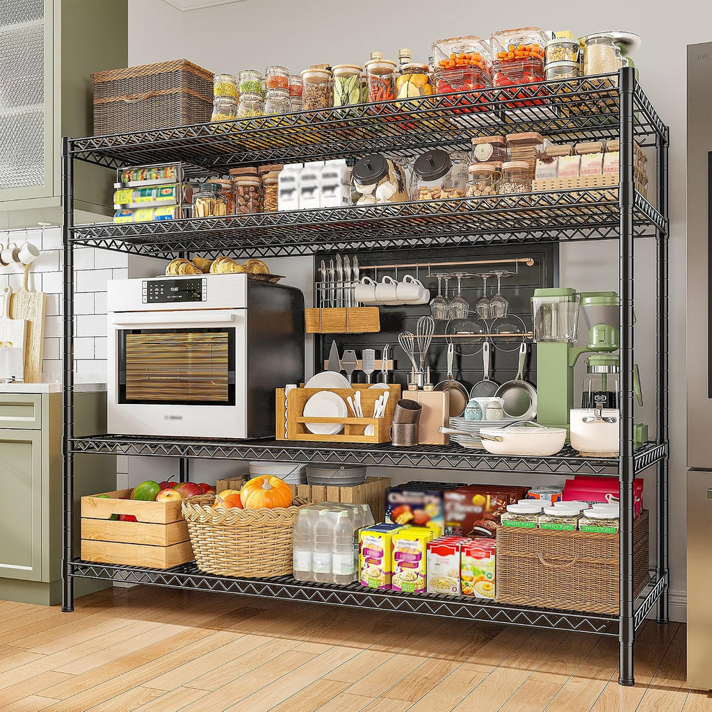 REIBII 55.5' W Storage Shelves 2560LBS Metal Shelving 4 Tier Wire Shelving Unit Garage Shelving Heavy Duty Metal Shelves for Storage Rack Commercial Adjustable Pantry Shelf, 55.5' W X 18''D X 55.5' H