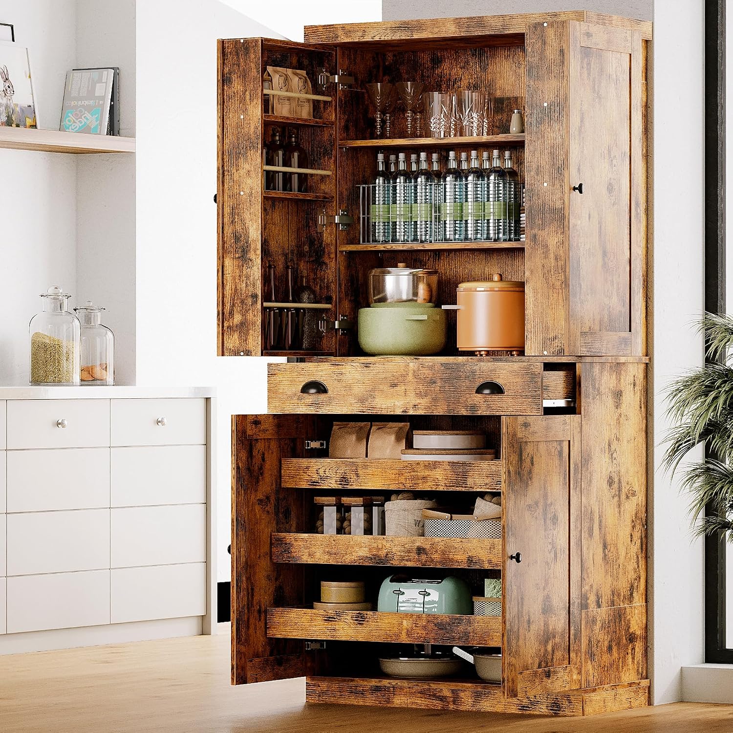 IRONCK Kitchen Pantry Cabinet 72' Height, Freestanding Cupboard with Drawer, Sliding Storage Rack, and 6 Hanging Shelves for Dining Room, Laundry, Living Room, Vintage Brown