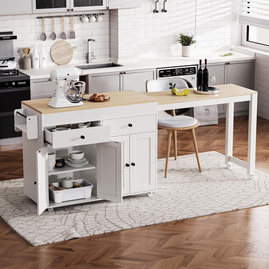 74.5 inch Kitchen Island with Extendable Dining Table, Rolling Kitchen Island on Wheels with Spice Rack and 2 Drawers, Kitchen Storage Cart with 4 Door Cabinet, for Kitchen, Dining Room (Off White/E)
