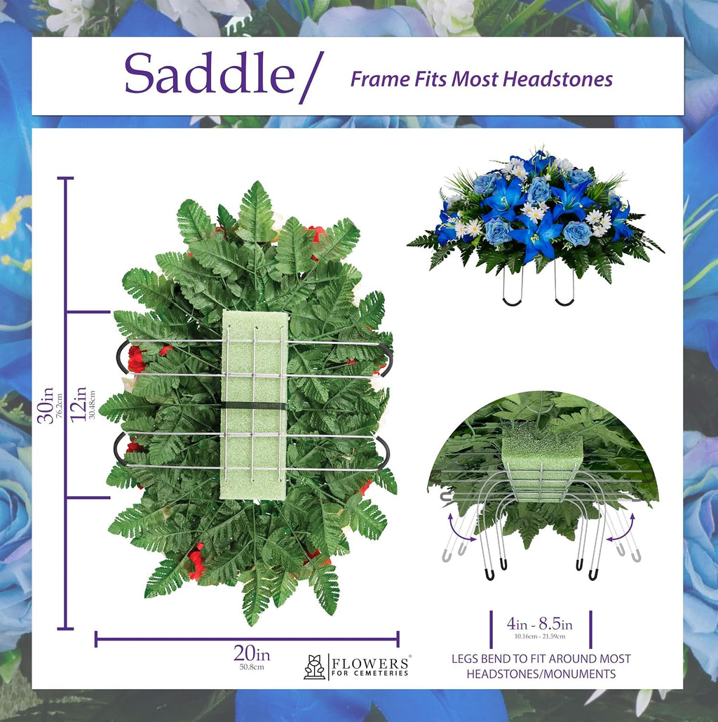 Sympathy Silks Artificial Cemetery Flowers - Gravesite Flowers - Blue Lily and Rose with White Daisies - (1) Headstone Flower Saddle & (2) Matching Bouquet (2) Cemetery Vase Included
