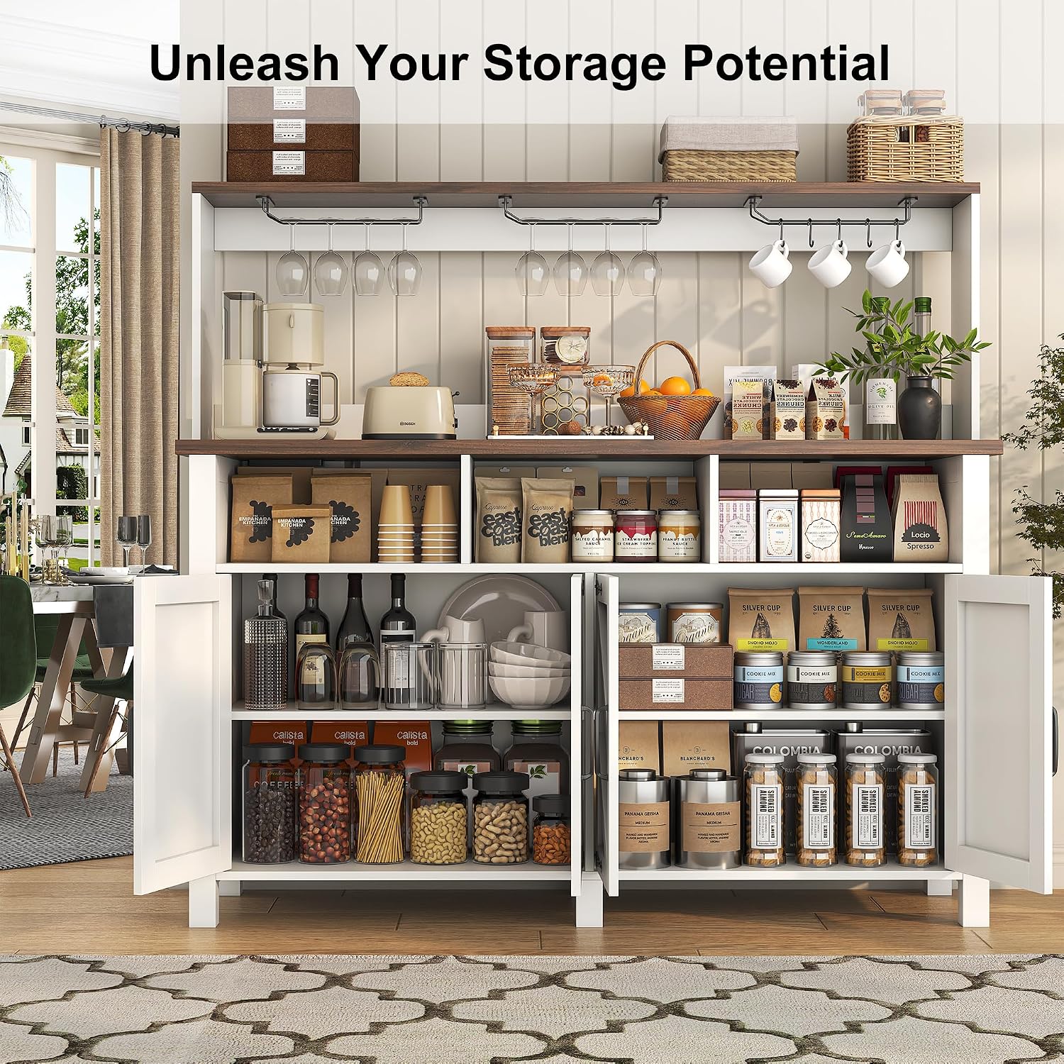 Buffet Sideboard with Storage Hutch with Power Outlets 4 Doors, Large Farmhouse Kitchen Storage Cabinet Wood Coffee Bar Cabinet with Goblet Holder and Cup Hooks for Kitchen, Dining Room, Entryway