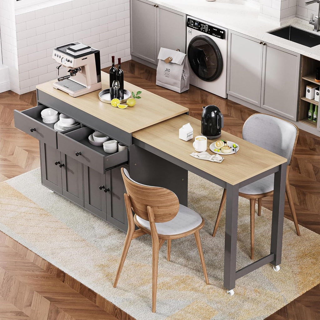 74.5 inch Kitchen Island with Extendable Dining Table, Rolling Kitchen Island on Wheels with Spice Rack and 2 Drawers, Kitchen Storage Cart with 4 Door Cabinet, for Kitchen, Dining Room (Grey/E)
