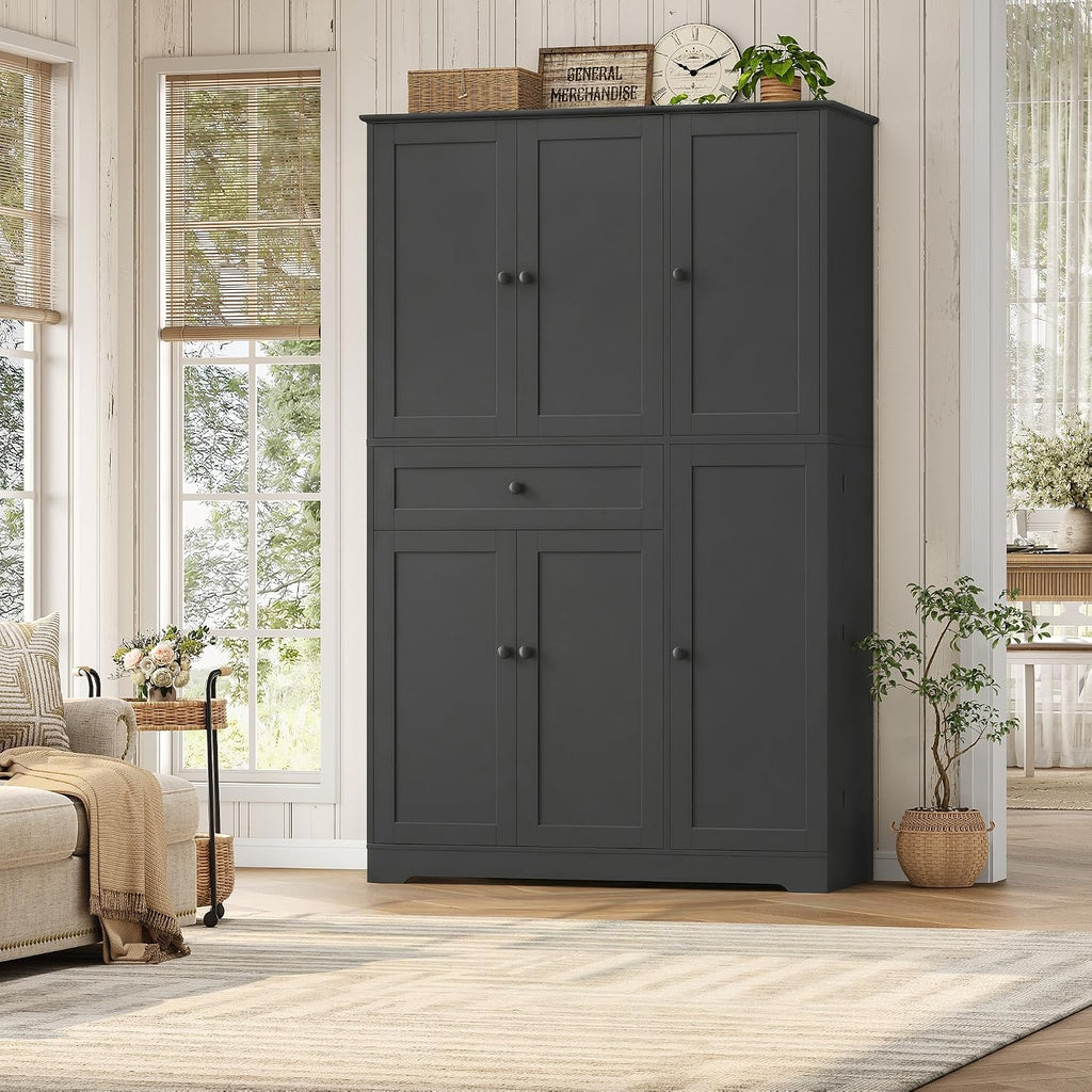 HOSTACK 68' Tall Kitchen Pantry Storage Cabinet, Modern Kitchen Hutch Cabinet with Doors and Shelves, Freestanding Food Pantry with Large Storage Drawer for Dining Room, Living Room, Black