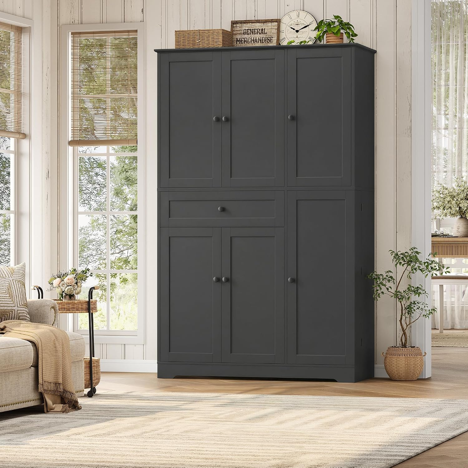 HOSTACK 68' Tall Kitchen Pantry Storage Cabinet, Modern Kitchen Hutch Cabinet with Doors and Shelves, Freestanding Food Pantry with Large Storage Drawer for Dining Room, Living Room, Black