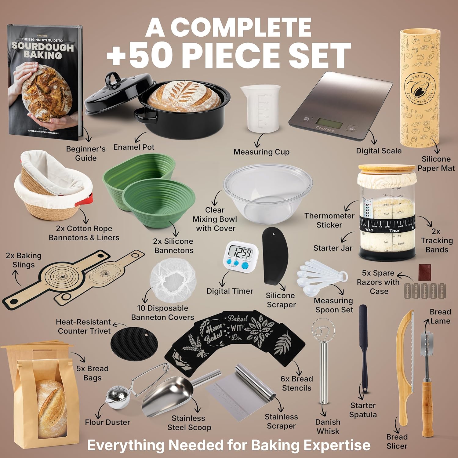 CraftZee Super All-Inclusive 𝗣𝗥𝗘𝗠𝗜𝗨𝗠 Sourdough Starter Kit with Pot - Sourdough Bread Baking Supplies, Scale, Oval & Round Baking Slings, 4 proofing Baskets, Bowl, Timer, Beginner Guide Recipes