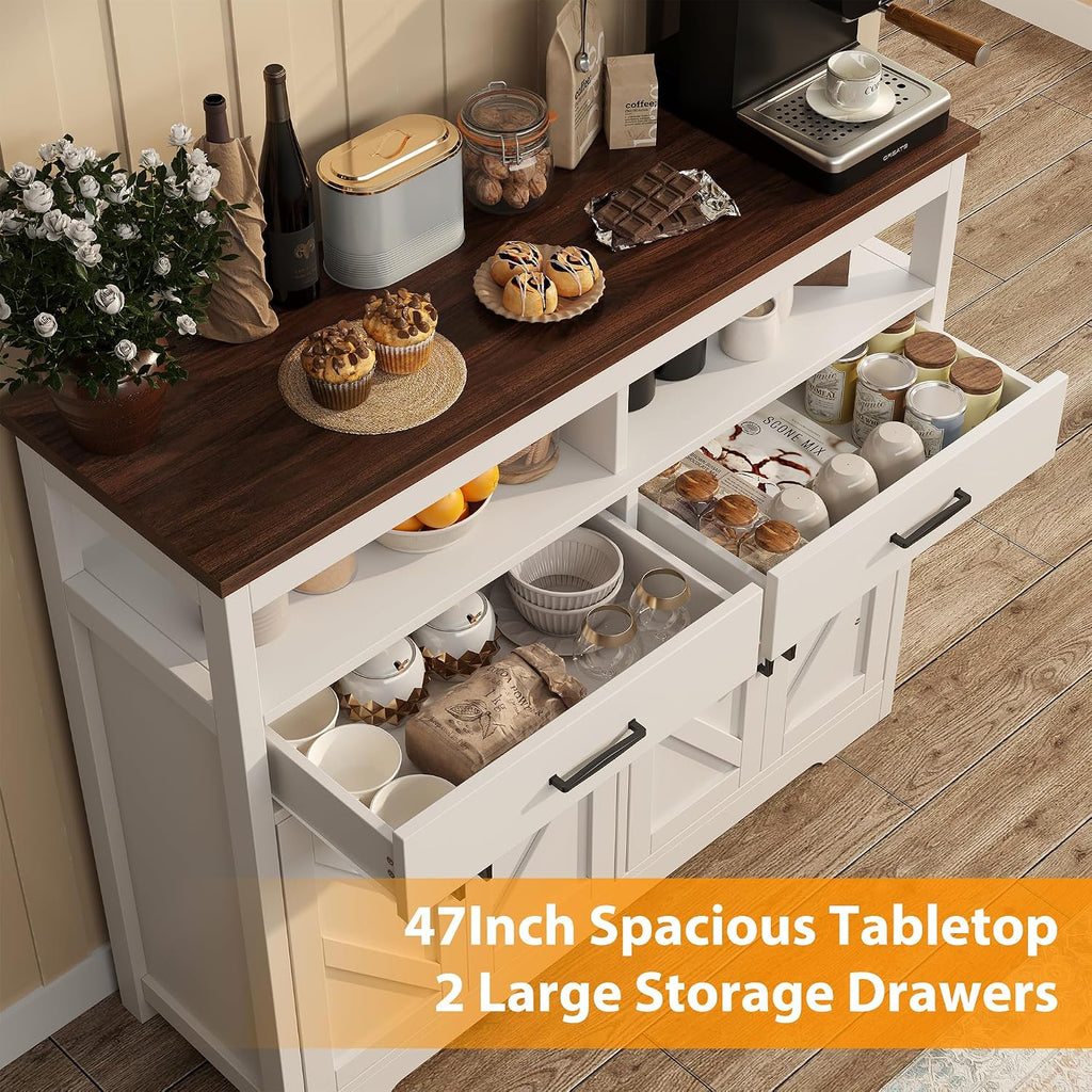knoworld Buffet Sideboard with Storage Farmhouse with 4 Doors, 47'' Large Kitchen Storage Cabinet Wood Coffee Bar Cabinet Buffet Table with Shelves for Kitchen, Dining Room, Entryway
