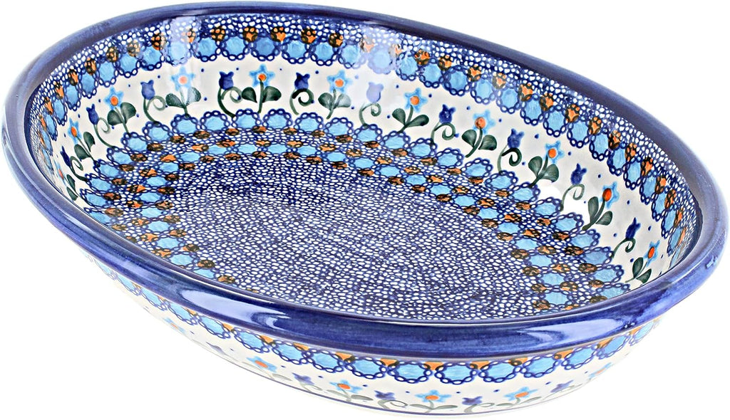 Blue Rose Polish Pottery - Blue Savannah Oval Baker - 11.75' x 9.25' - Unique, Dishwasher Safe, & Durable Bakeware
