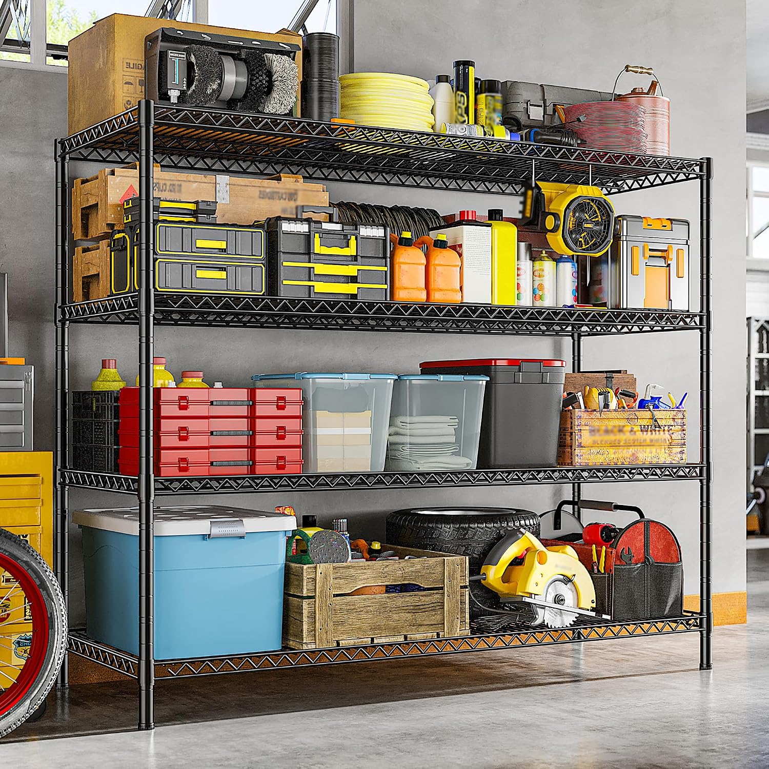REIBII 55.5' W Storage Shelves 2560LBS Metal Shelving 4 Tier Wire Shelving Unit Garage Shelving Heavy Duty Metal Shelves for Storage Rack Commercial Adjustable Pantry Shelf, 55.5' W X 18''D X 55.5' H