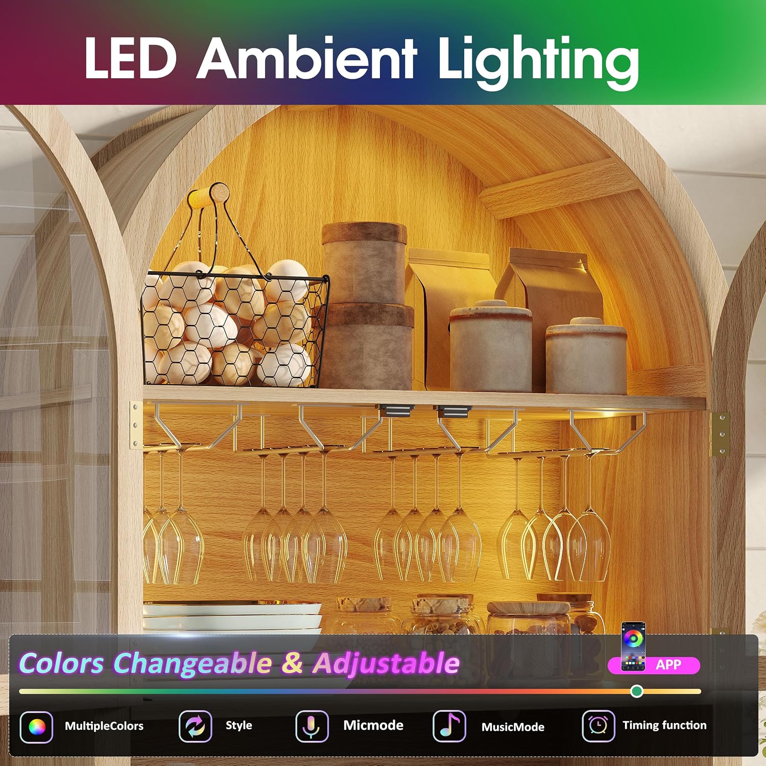 Maupvit 70' Tall Arched Wine Bar Cabinet with LED Light, Fluted Coffee Bar Cabinets with Stemware Rack, Kitchen Pantry Cupboard with Glass Doors, Liquor Cabinet for Home, Dining Room (Nature)
