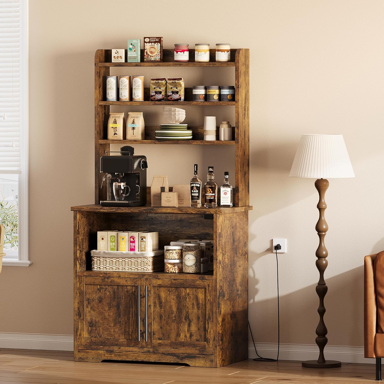 GAOMON Bakers Rack with Power Outlet and USB, Microwave Stand with Storage Cabinet, Coffee Bar Station for Kitchen, Utility Shelf Rack for Spices, 63' Tall, Brown