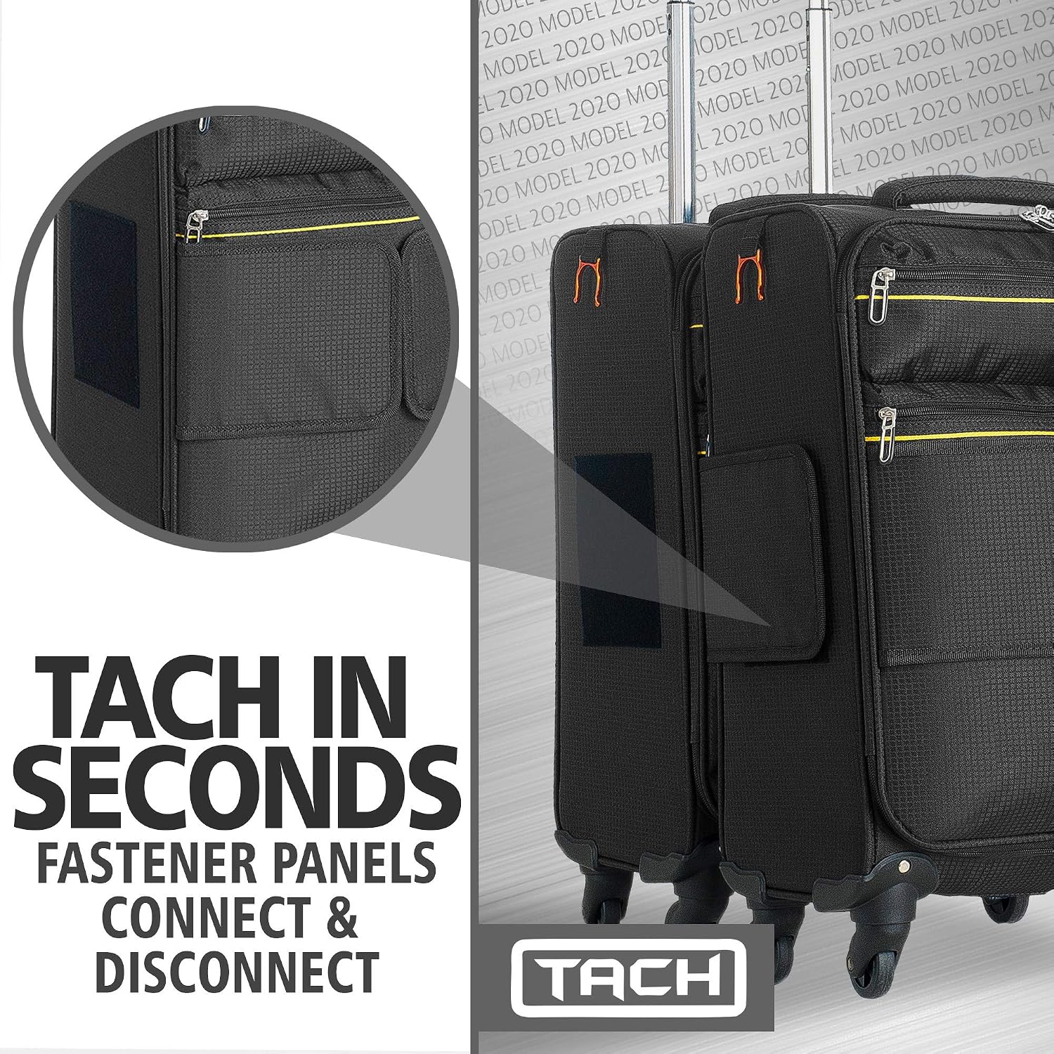 Tach LITE Soft Connectable Carry On Luggage 22x14x9 | Carry on Luggage with Spinner Wheels & Patented Built-In Connecting System | One Piece Rolling Suitcase Links 6 Bags At Once (Black)