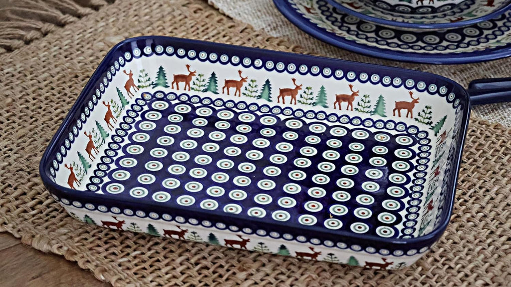 Blue Rose Polish Pottery - Blue Reindeer Pine Medium Rectangular Baker - 12' x 9.75' - Unique, Dishwasher Safe, & Durable Bakeware