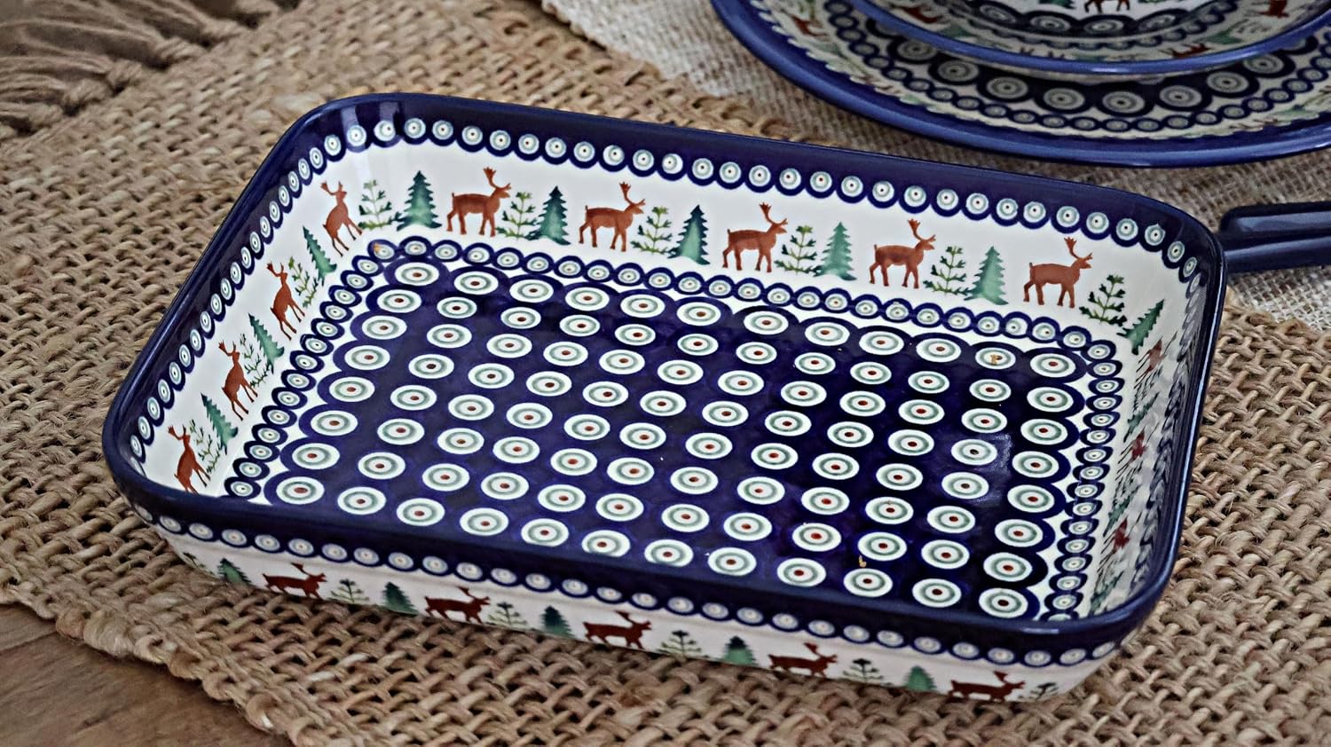 Blue Rose Polish Pottery - Blue Reindeer Pine Medium Rectangular Baker - 12' x 9.75' - Unique, Dishwasher Safe, & Durable Bakeware