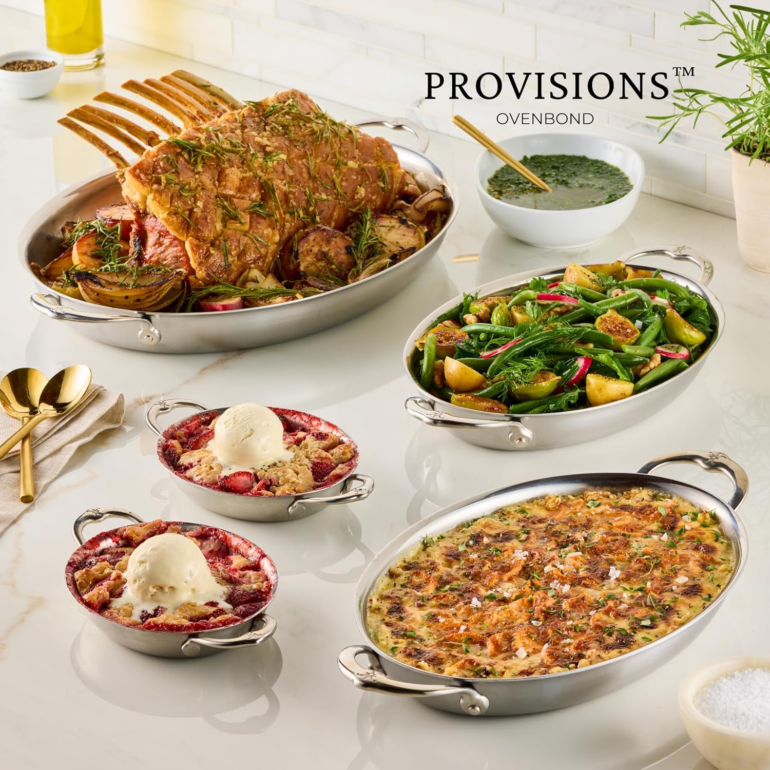 Hestan Provisions Oval Au Gratin Baking Dish, 2 Quart Clad Stainless Steel, 12.5 x 9 Inch - Oven Safe 600F, Kitchen to Table Serving, Designed with Thomas Keller