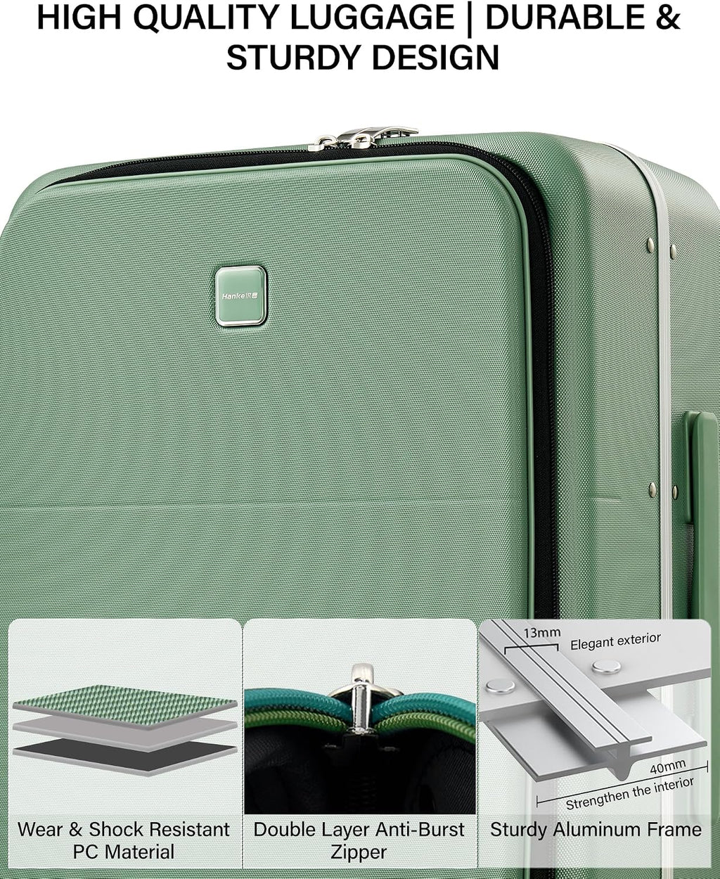 Hanke 20 Inch Top Opening Carry On Luggage with Cup Holder, Hard Shell Suitcase with Spinner Wheels, USB Ports, TSA Lock Aluminum Frame, Dry Wet Separation & Removable Divider, Forest Green