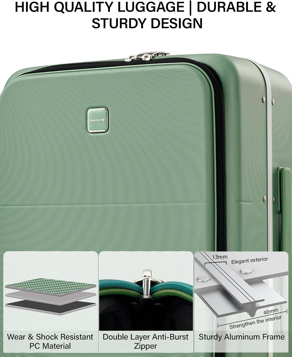 Hanke 20 Inch Top Opening Carry On Luggage with Cup Holder, Hard Shell Suitcase with Spinner Wheels, USB Ports, TSA Lock Aluminum Frame, Dry Wet Separation & Removable Divider, Forest Green