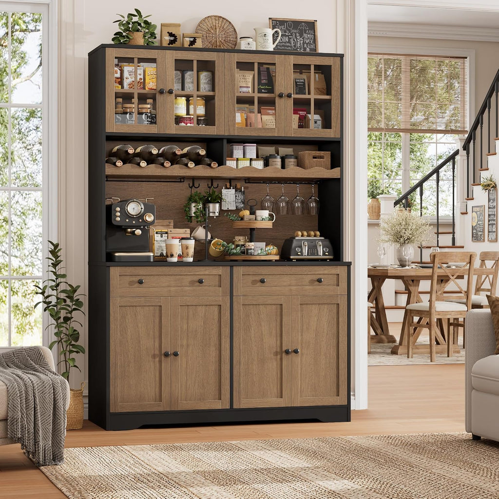 HOSTACK 75.4' Tall Kitchen Pantry Cabinet with Charging Station, Modern White Kitchen Hutch with Microwave Stand and Wine Rack, Large Food Pantry Storage Cabinet with Glass Doors and Drawers, Brown