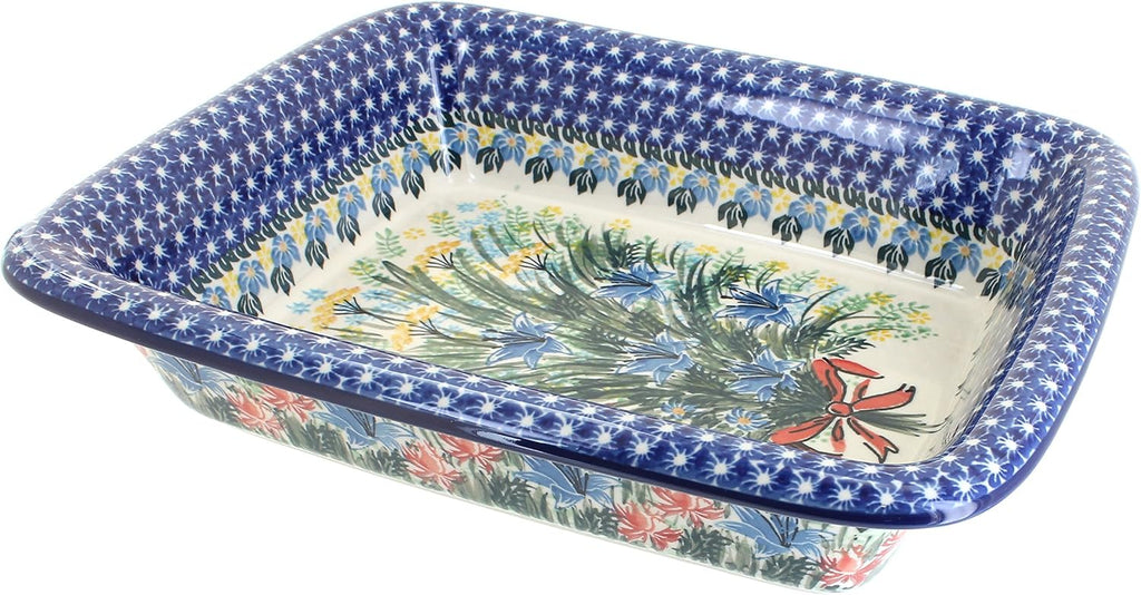 Blue Rose Polish Pottery - Blue Day Lily Bouquet Medium Rectangular Baker - 12.25' x 10' - Unique, Dishwasher Safe, & Durable Bakeware