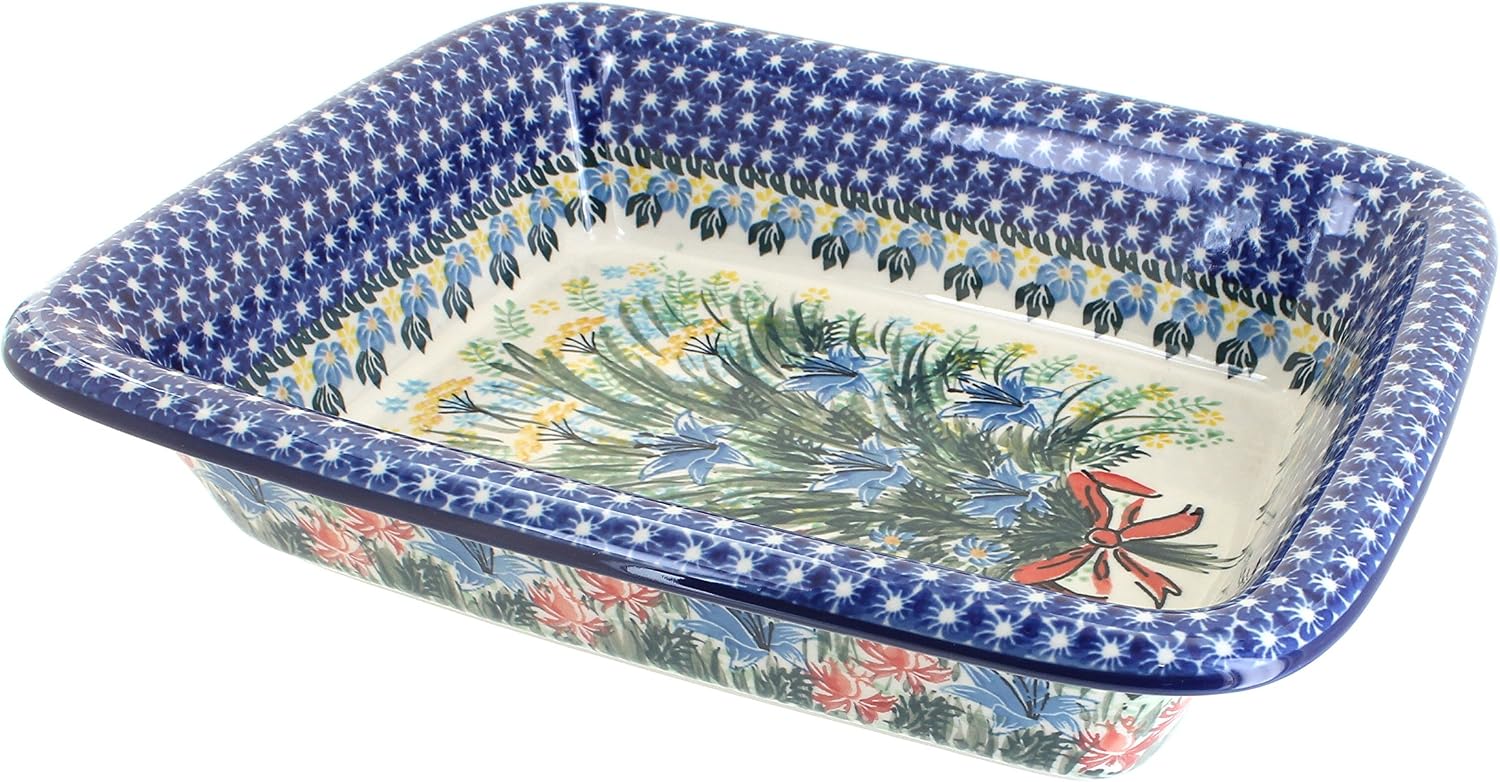 Blue Rose Polish Pottery - Blue Day Lily Bouquet Medium Rectangular Baker - 12.25' x 10' - Unique, Dishwasher Safe, & Durable Bakeware