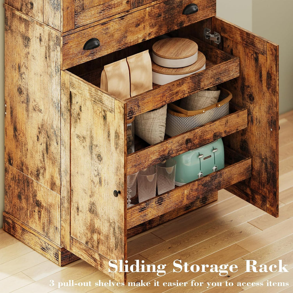 IRONCK Kitchen Pantry Cabinet 72' Height, Freestanding Cupboard with Drawer, Sliding Storage Rack, and 6 Hanging Shelves for Dining Room, Laundry, Living Room, Vintage Brown