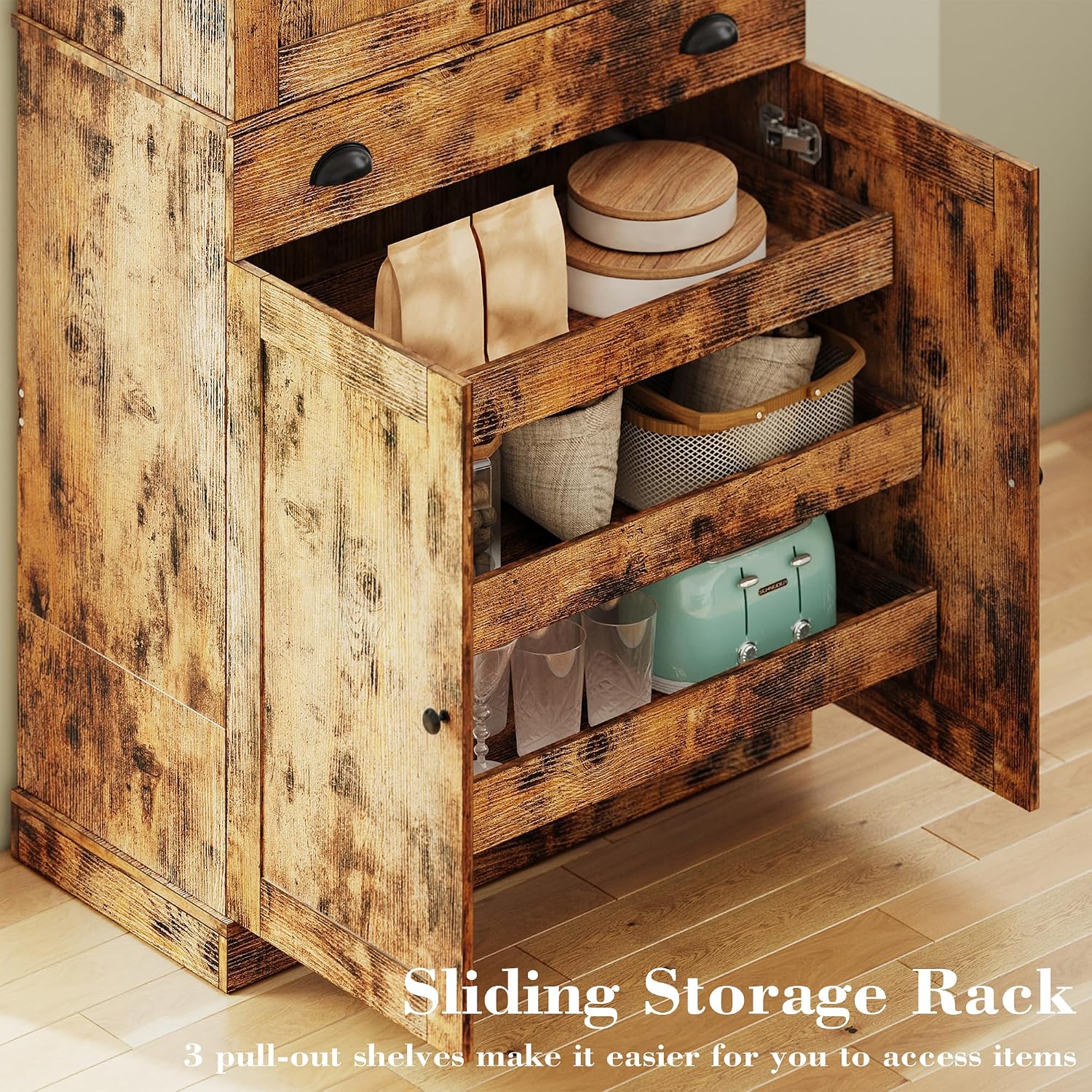 IRONCK Kitchen Pantry Cabinet 72' Height, Freestanding Cupboard with Drawer, Sliding Storage Rack, and 6 Hanging Shelves for Dining Room, Laundry, Living Room, Vintage Brown