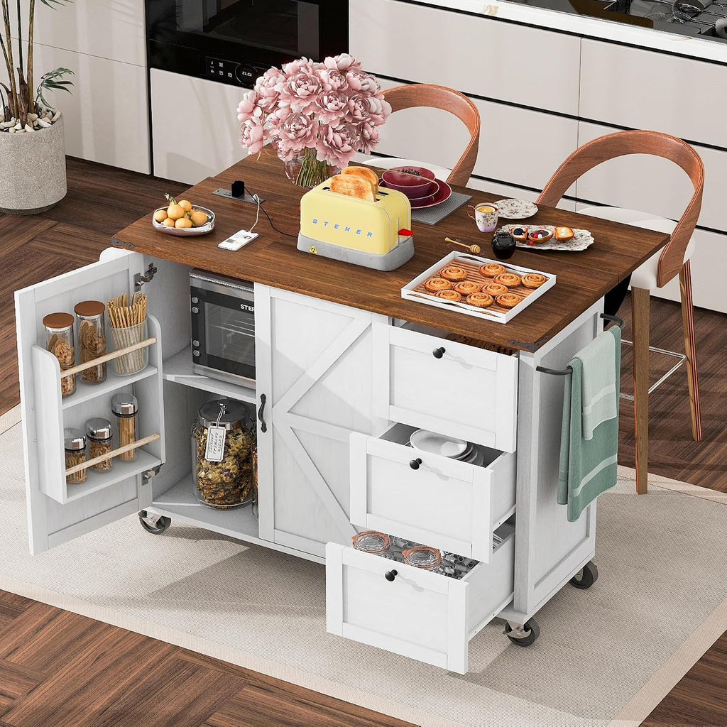 54.5' Farmhouse Rolling Kitchen Island Cart on Wheels with Power Outlet, Storage Island with Drop Leaf, Spice Rack and Drawer for Dining Room Kitchens Living Room White