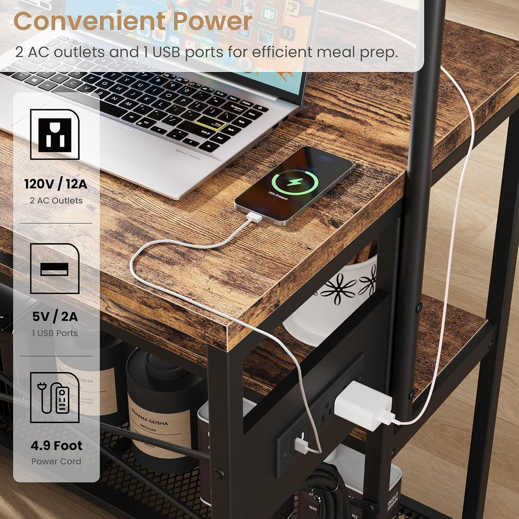 GAOMON 42' Kitchen Island Table Baker Rack with Power Outlet & 2 Bar Stools, Kitchen Storage Shelf with 3-Tier Storage & 5 Hooks, Microwave Stand Coffee Bar Table for Dining Living Room (Vintage)