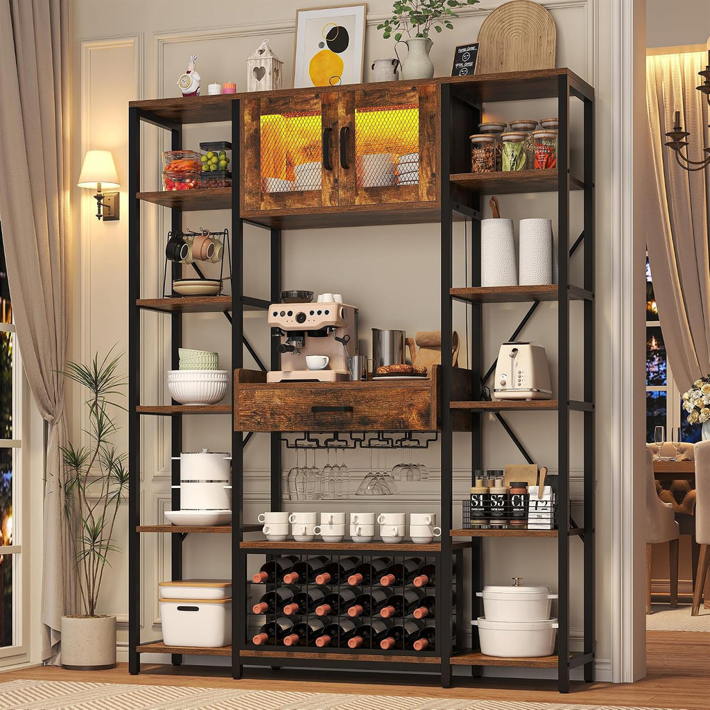 Nosepen 65.35 Inch Large Bakers Rack with Power Outlet and LED Light, 6-Tier Microwave Stand with Doors, Open Countertop and Storage Shelves, Farmhouse Coffee Bar Cabinet Station with Wine Rack, Brown