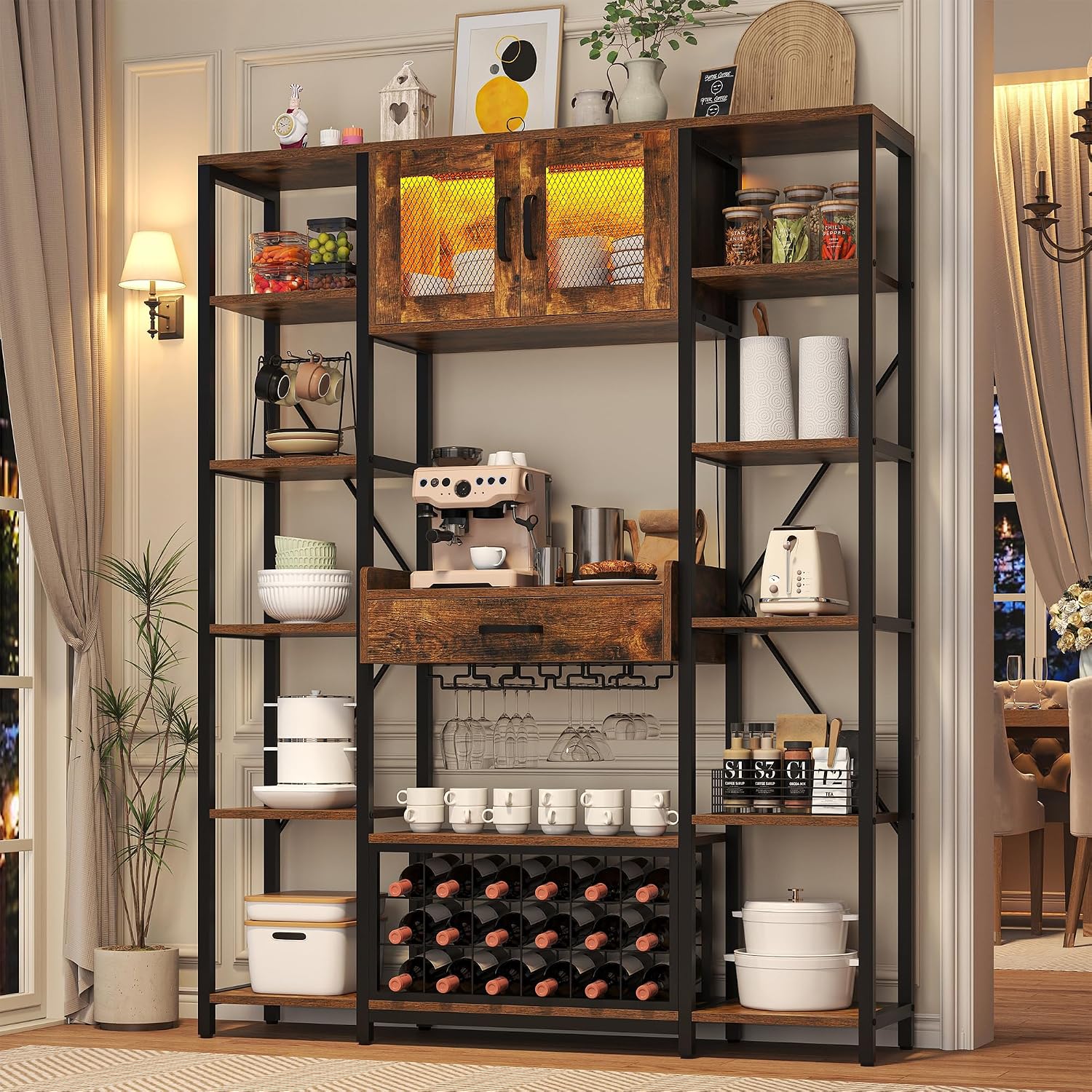 Nosepen 65.35 Inch Large Bakers Rack with Power Outlet and LED Light, 6-Tier Microwave Stand with Doors, Open Countertop and Storage Shelves, Farmhouse Coffee Bar Cabinet Station with Wine Rack, Brown
