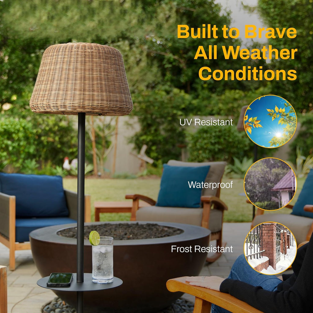 B&R Lighting Solar Outdoor Floor Lamp with Table - Cordless Outdoor Floor Lamp - Patio, Porch, Garden - Rattan Wicker Lights for Outside - Waterproof, Rechargeable, Weatherproof