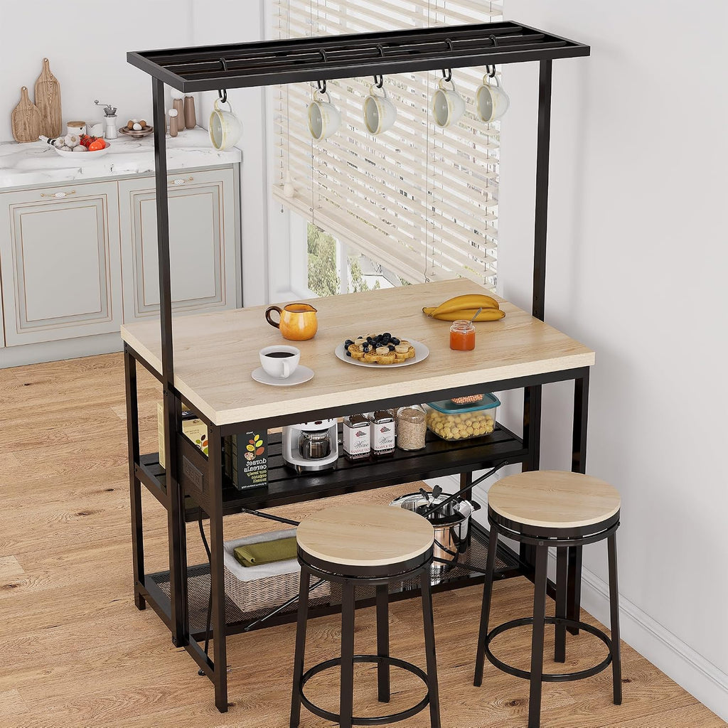 47' Large Kitchen Island Table,Bakers Rack With Power Outlet,3-Tier Storage-Microwave Stand Oven Shelf,Metal Coffee Bar Table,Kitchen Storage Shelf for Dining Living Room, 5 Hooks,47'x28'x72'