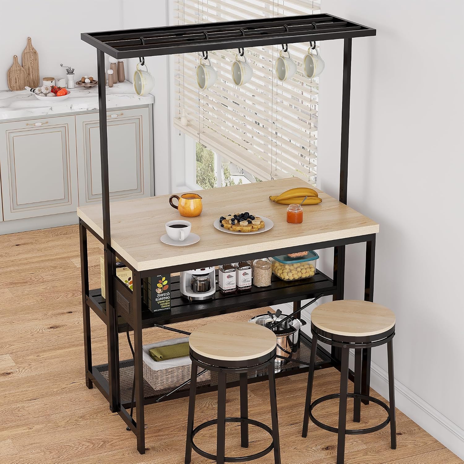 47' Large Kitchen Island Table,Bakers Rack With Power Outlet,3-Tier Storage-Microwave Stand Oven Shelf,Metal Coffee Bar Table,Kitchen Storage Shelf for Dining Living Room, 5 Hooks,47'x28'x72'